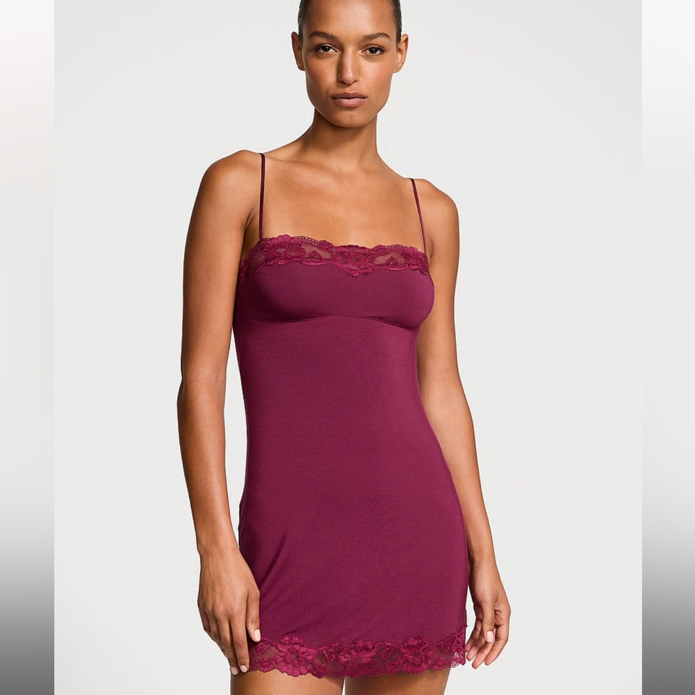 Fuschia Modal & Lace Trim Straight-Neck Slip Dress